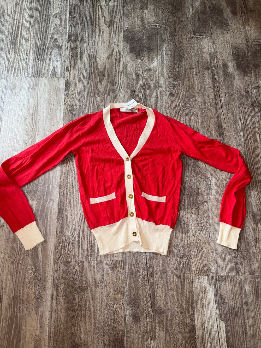 Fate Red Cardigan with Cream Trim and Gold Buttons